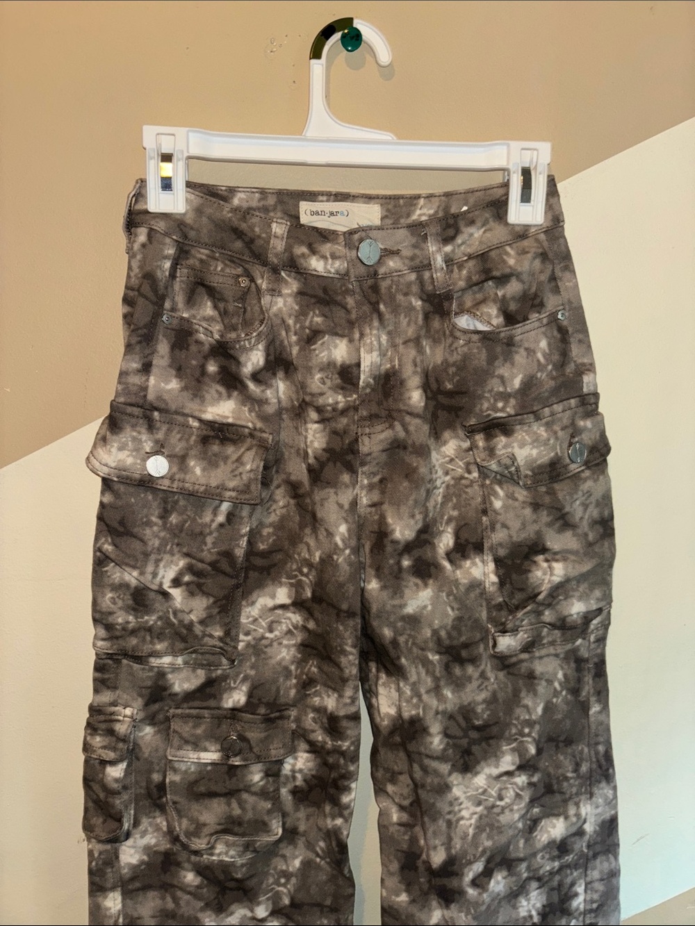 High-Rise Brown and Grey Camo Cargo Jeans